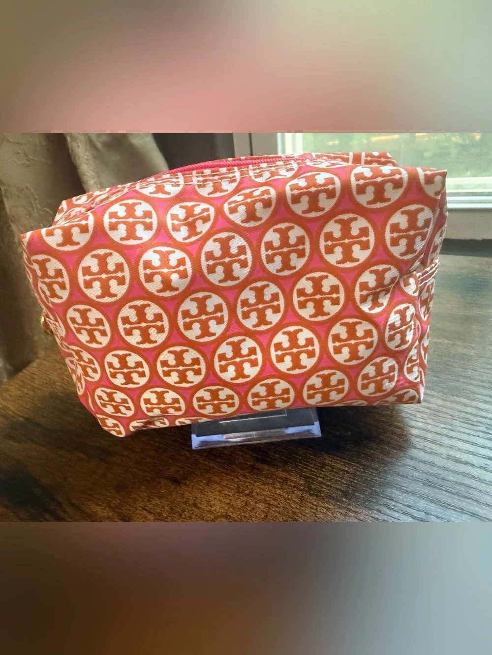 Two Tory Burch Pink and Orange Logo Zip Pouch